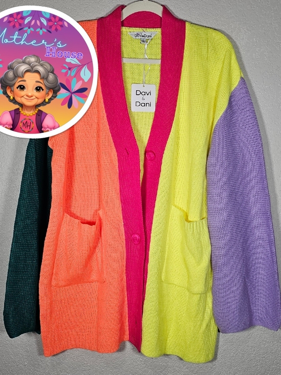 DAVI & DANI Sweaters - DAVI & DANI Neon Colorblock Cardigan - Hot Pink, Neon Yellow, Coral, Lilac